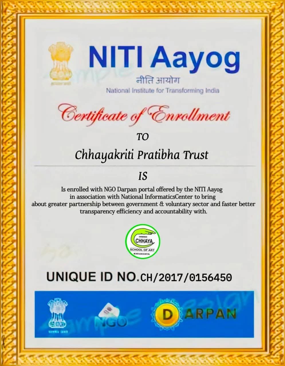 Niti Aayog — Achievement | Chandigarh Chhaya School of Art