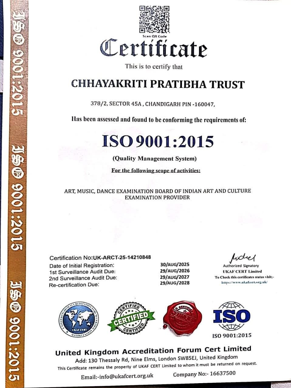 ISO 9001 : 2015 Certificate — Achievement | Chandigarh Chhaya School of Art