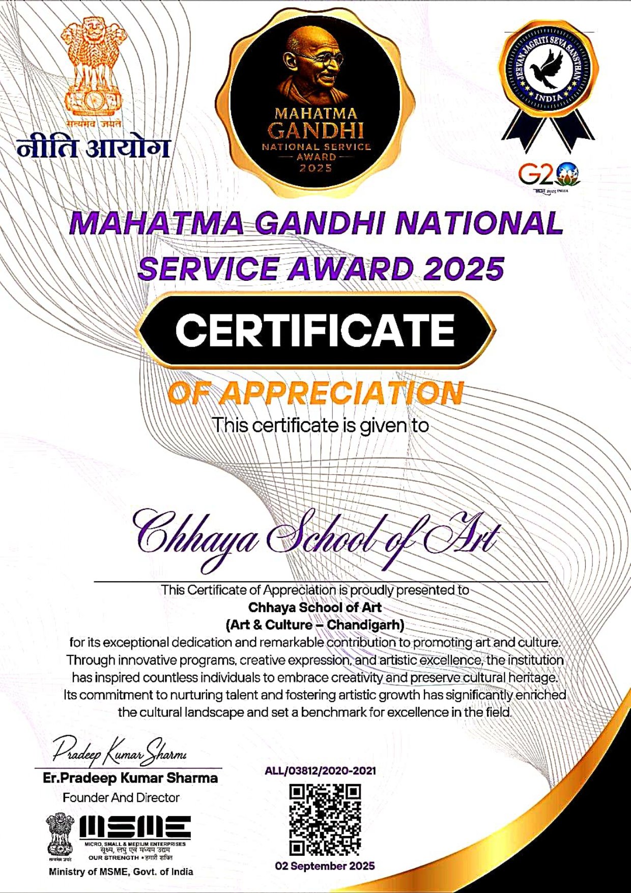 Mahatma Gandhi National Service Award 2025 — Achievement | Chandigarh Chhaya School of Art