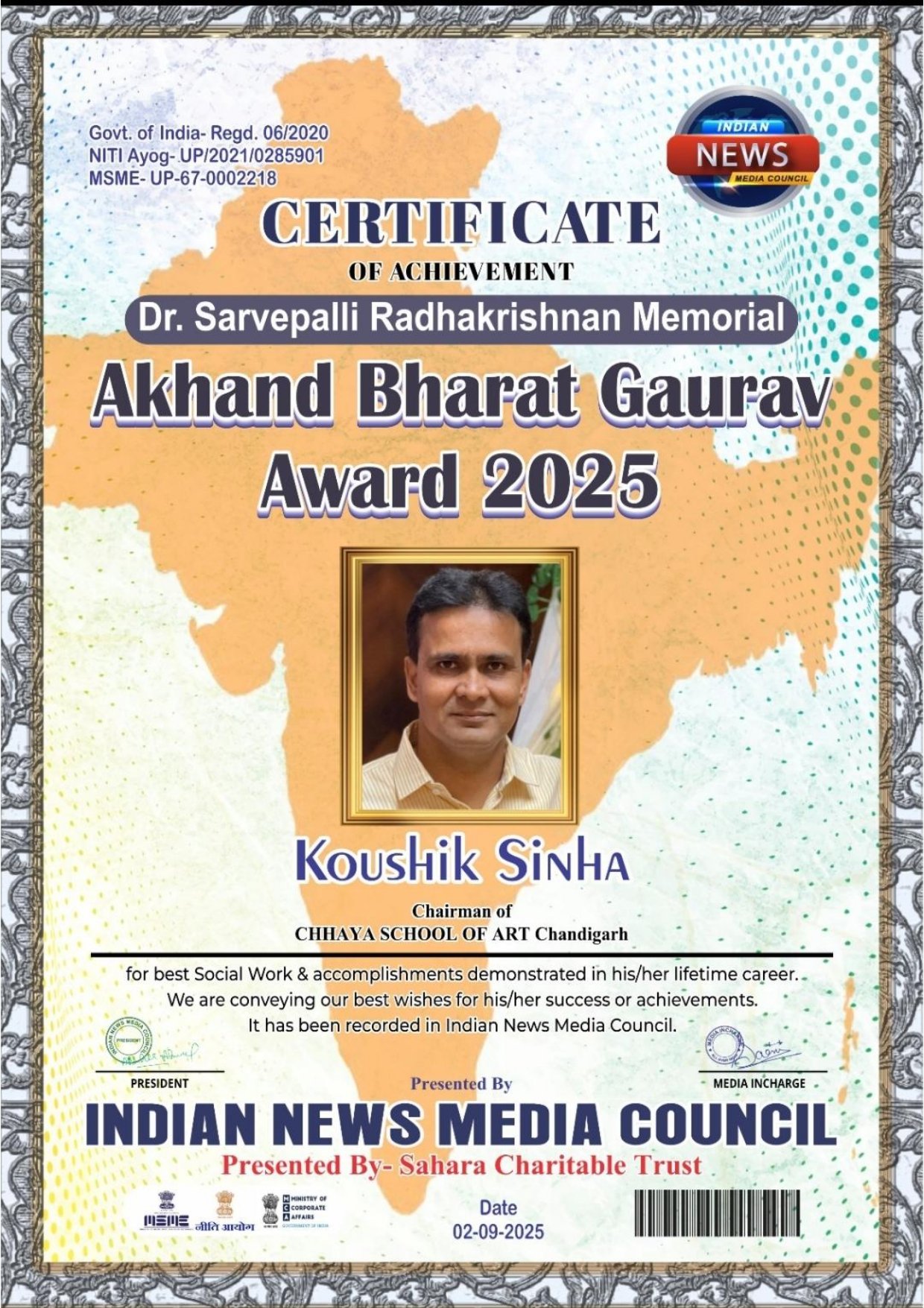 Akhand Bharat Gaurav Award 2025 — Achievement | Chandigarh Chhaya School of Art