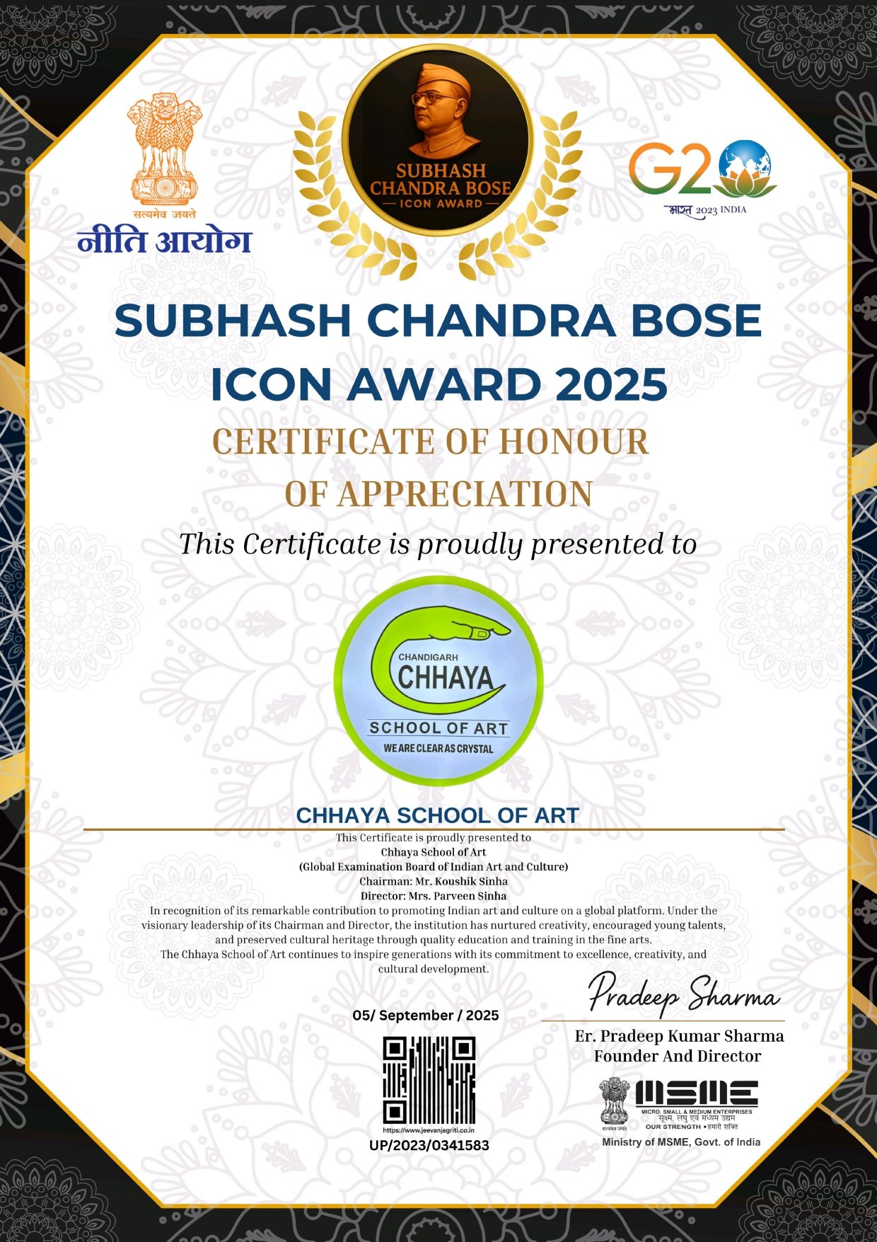 Subhash Chandra Bose Icon Award 2025 — Achievement | Chandigarh Chhaya School of Art