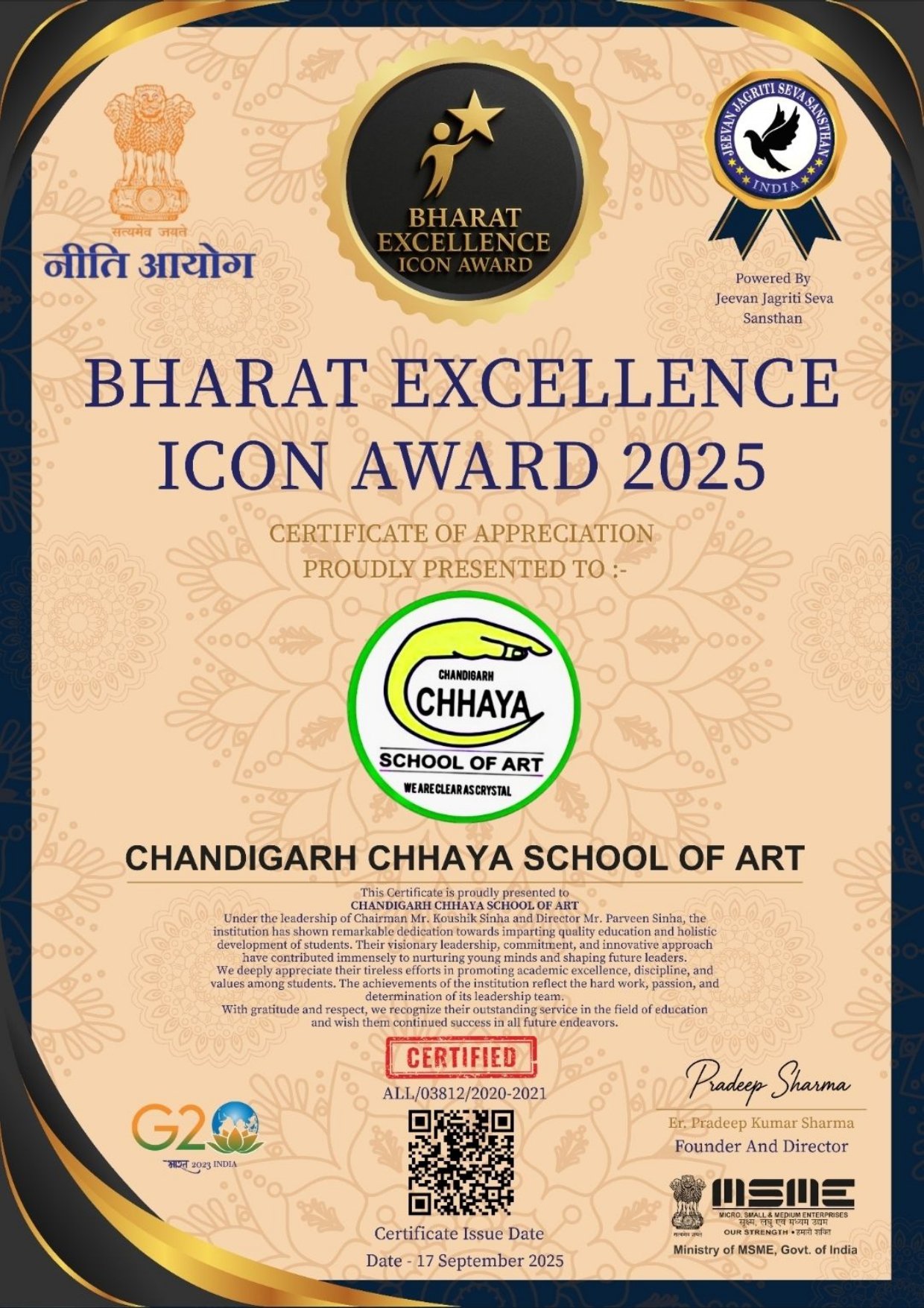 Bharat Excellence Icon Award 2025 — Achievement | Chandigarh Chhaya School of Art