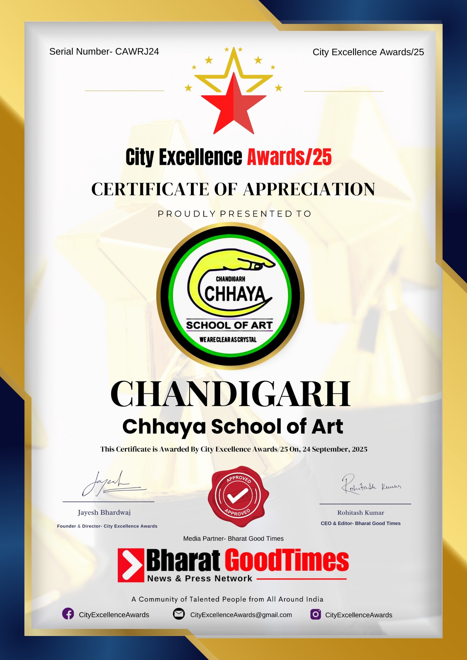 City Excellence Awards 2025 — Achievement | Chandigarh Chhaya School of Art