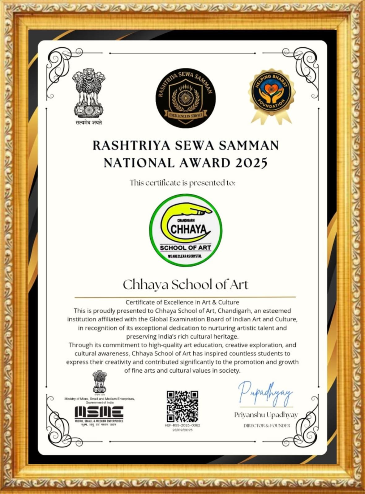 RASHTRIYA  SEWA SAMMAN NATIONAL AWARD 2025 — Achievement | Chandigarh Chhaya School of Art